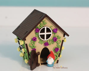 Tiny home for itty bitty gnome - springtime miniature house with purple and yellow flowers - village cottage - ThePebblePathway