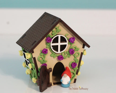 Tiny home for itty bitty gnome - springtime miniature house with purple and yellow flowers - village cottage - ThePebblePathway