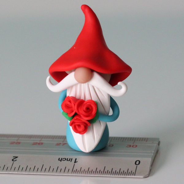 Gnome with bouquet of Flowers - miniature garden gnome figure - Yates - ThePebblePathway