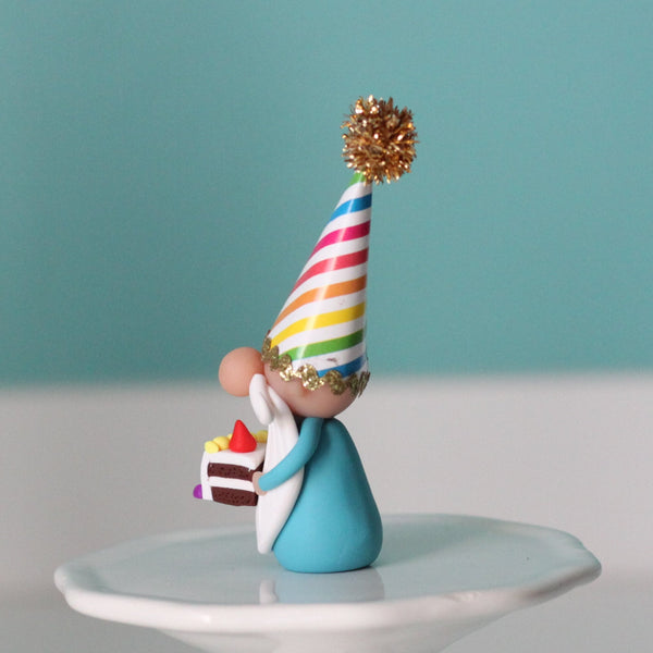 Happy Birthday Miniature Gnome with party hat and piece of cake - ThePebblePathway