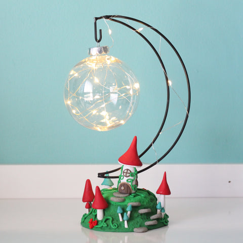 Fairy Mushroom house with Moon Ornament Hanger and fairy lights - ThePebblePathway