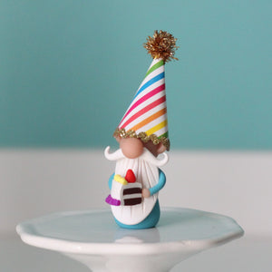 Happy Birthday Miniature Gnome with party hat and piece of cake - ThePebblePathway